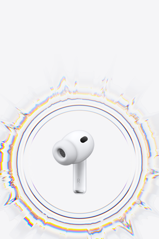 AirPods Pro 3 wireless earbud with silicone tip surrounded by circular sound ripple